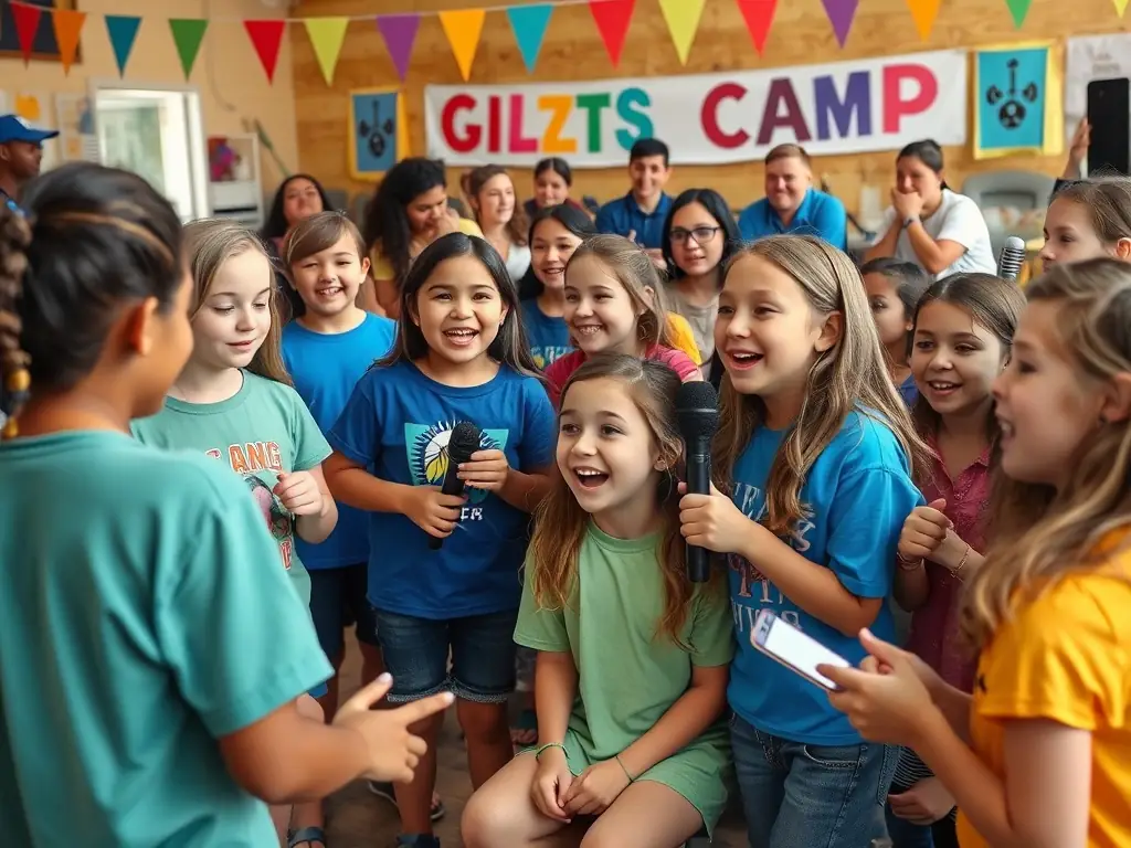 Children and teens participating in a singing camp, enjoying group activities.