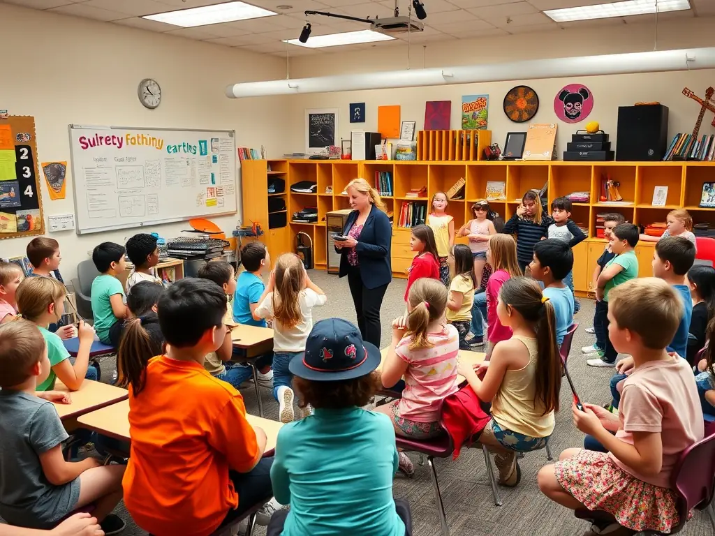 Students engaged in a lively musical theatre class with a teacher guiding them.