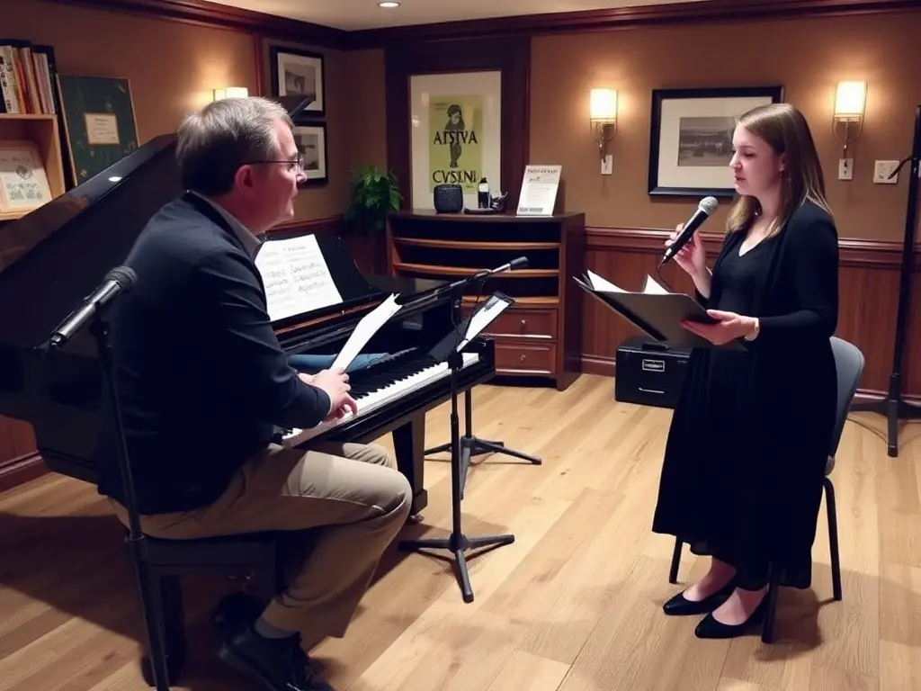 A student receiving one-on-one vocal training from an experienced instructor in a cozy room.